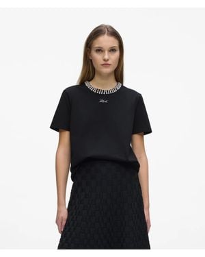 KARL LAGERFELD Faux-Pearl Neck T-Shirt - Black