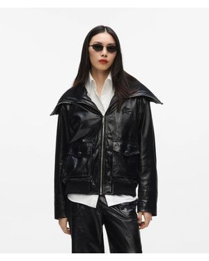 KARL LAGERFELD Knitted Collar Leather Jacket - Black