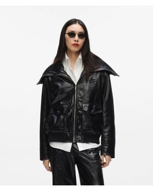 KARL LAGERFELD Knitted Collar Leather Jacket - Black