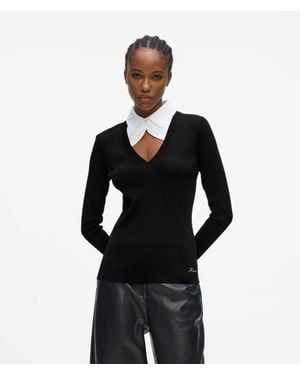 KARL LAGERFELD Contrast Collar Knit Polo Shirt - Black