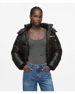 KL Jeans Cropped Shiny Puffer Jacket - Black