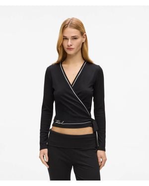 KARL LAGERFELD Signature Loungewear Wrap Top - Black