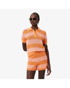 Lacoste Striped Mesh Knit Polo Collar Sweater - Orange