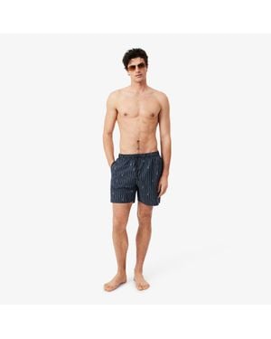 Lacoste Mid Length Crocodile Print Swim Trunks - Blue