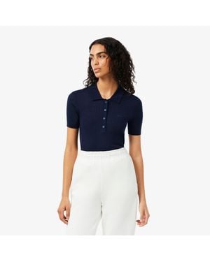 Lacoste 3D Rib Knit Polo Collar Merino Wool Sweater - Blue