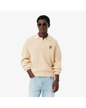 Lacoste Badge Accent Pearl Rib Polo Collar Sweater - Natural