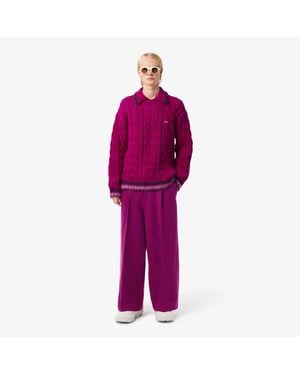 Lacoste Runway Slub Wool Wide Fit Tailored Pants - Purple