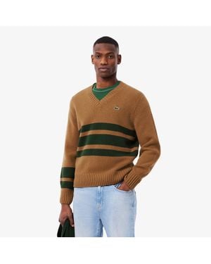 Lacoste Striped Wool V-Neck Sweater - Green