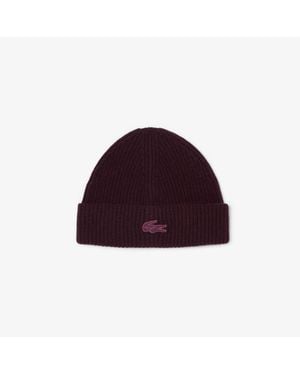 Lacoste Metallic Crocodile Accent Merino Wool Beanie - Red