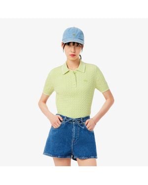 Lacoste Striped Cable Knit Polo Collar Sweater - Green