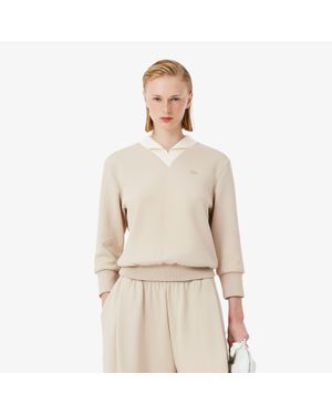Lacoste Runway Satin Knit V Neck Sweatshirt - Natural