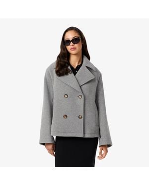 Lacoste Short Oversized Wool Blend Pea Coat - Gray