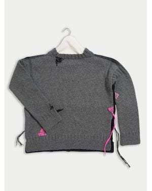 La Fetiche Louise Handknitted Oversized Guernsey Jumper With Contrast Darning Details And Side Split - Grey