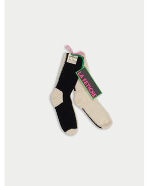La Fetiche Yin-Yang Hand Knitted Socks With Patched Mending Stitch Detail - White