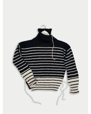 La Fetiche Maurice Hand Knitted Roll Neck Striped Guernsey Jumper - Blue