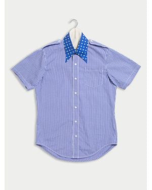 La Fetiche Edith Gingham Military Shirt With Spotted Silk Twill Collar - Blue