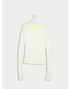 La Fetiche Jackie Fine Weight Traditional Seam Free Ribbed Wool Top With Contrast Neon Neck Trim - White