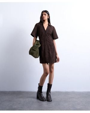 TOPSHOP Real Suede Open Collar Mini Shirt Dress - Brown
