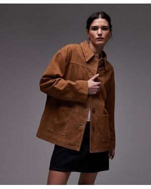 TOPSHOP Premium Real Suede Patch Pocket Boxy Jacket - Brown