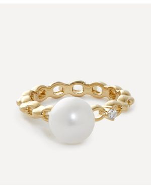Mizuki 14Ct Link Pearl And Diamond Solitaire Ring - Metallic