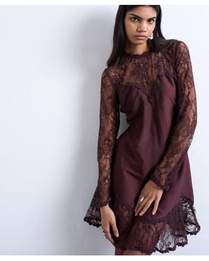 TOPSHOP Lace Sleeve Flippy Hem Mini Dress - Purple