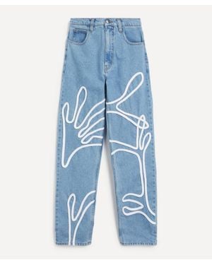 FANFARE High Waisted Mum Fit Floral Trim Jeans - Blue