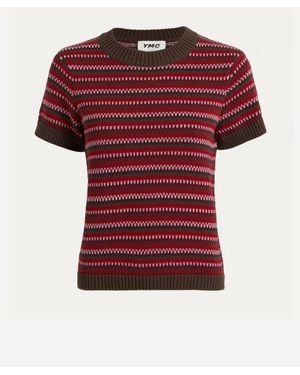 YMC Mitchell Crochet Stripe Knitted Top - Red