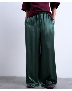 TOPSHOP Crinkle Satin Wide Leg Pants - Green