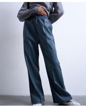 TOPSHOP Faux Leather Wide Leg Sweatpants With Pinseam Details - Blue