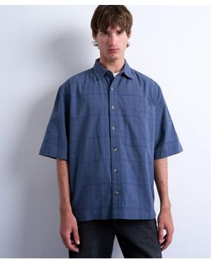 TOPMAN Mid- Short-Sleeve Textured Shirt - Blue