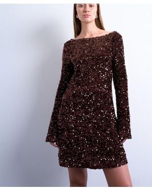 TOPSHOP Long Sleeve Cowl Back Sequin Velvet Mini Dress - Brown