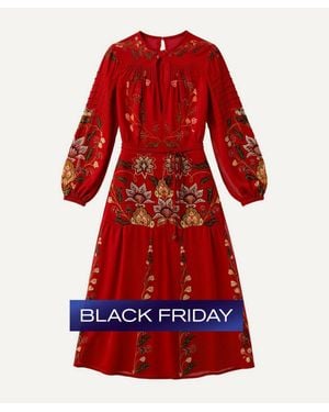 FARM Rio Berry Garden Long-Sleeve Pleated Maxi Dress - Red