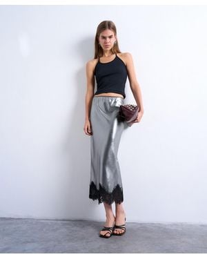 TOPSHOP Metallic Lace Hem Midi Skirt - White