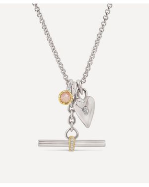 Dinny Hall Mixed Metal My World T-Bar With Heart And Rose Cut Charm Cluster Pendant Necklace - White