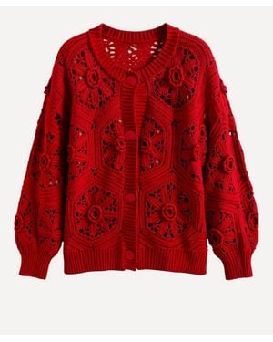 FARM Rio Crochet Flower Knit Cardigan - Red