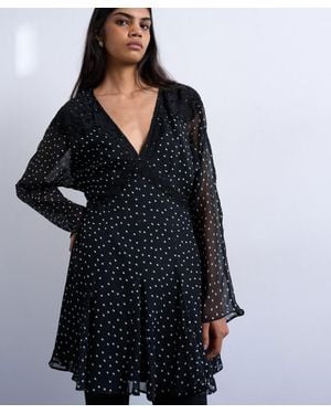 TOPSHOP Longsleeve Lace Trim Mini Tea Dress - Black