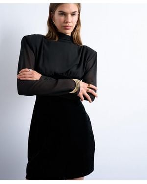 TOPSHOP Long Sleeve Velvet And Chiffon Mix Mini Dress - Black