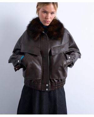 TOPSHOP Faux Leather Boxy Bomber Jacket With Detachable Fur Collar - Black
