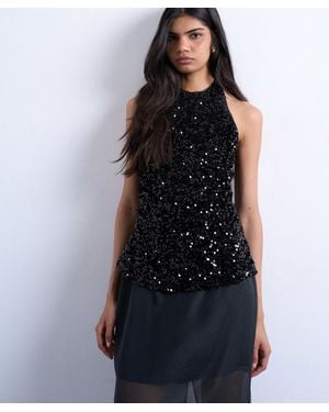 TOPSHOP Velvet Sequin Halter Top - Black