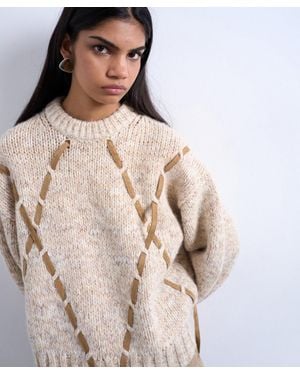 TOPSHOP Knitted Argyle Sweater With Strap Detailing - Natural