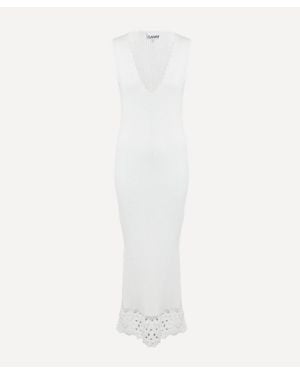 Ganni Fine Rib Crochet V-Neck Dress - White