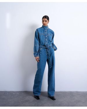 TOPSHOP Denim Funnel-Neck Belted Jumpsuit - Blue