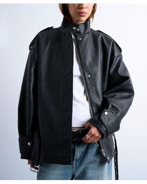 TOPSHOP Faux Bubble Leather Belted Bomber Jacket - Black