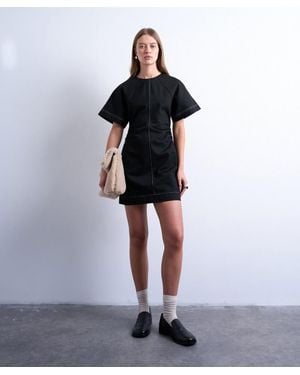 TOPSHOP Heavy Twill Contrast Stitch Short-Sleeve Mini Dress - Black