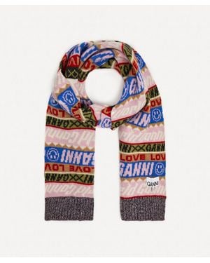 Ganni Graphic Wool Scarf - Blue