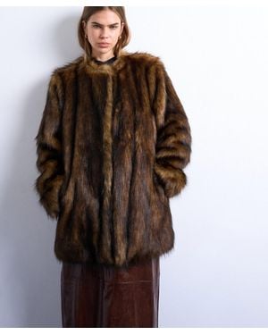 TOPSHOP Faux Fur Collarless Mid Length Coat - Brown