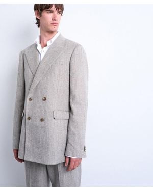 TOPMAN Double Breasted Herringbone Blazer - Gray