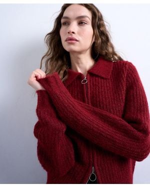 TOPSHOP Knitted Collar Zip Ring Cardigan - Red