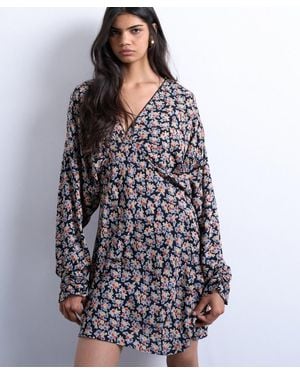 TOPSHOP Floral Print Mini Long Sleeve Tea Dress - Black
