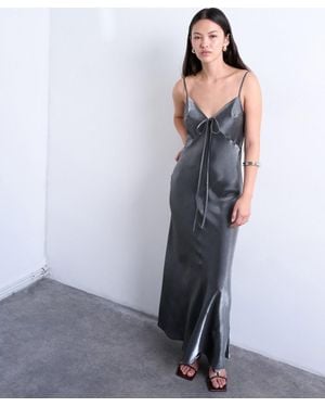 TOPSHOP Halter Tie Neck Liquid Metallic Maxi Slip Dress - Gray